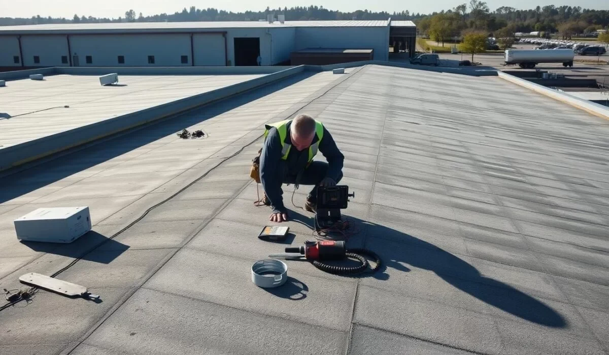 Commercial flat roof replacement inspection in Syracuse